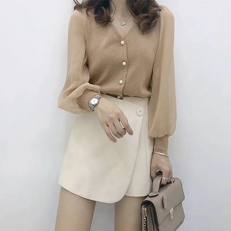 Blouses Knitted Button Long Sleeve