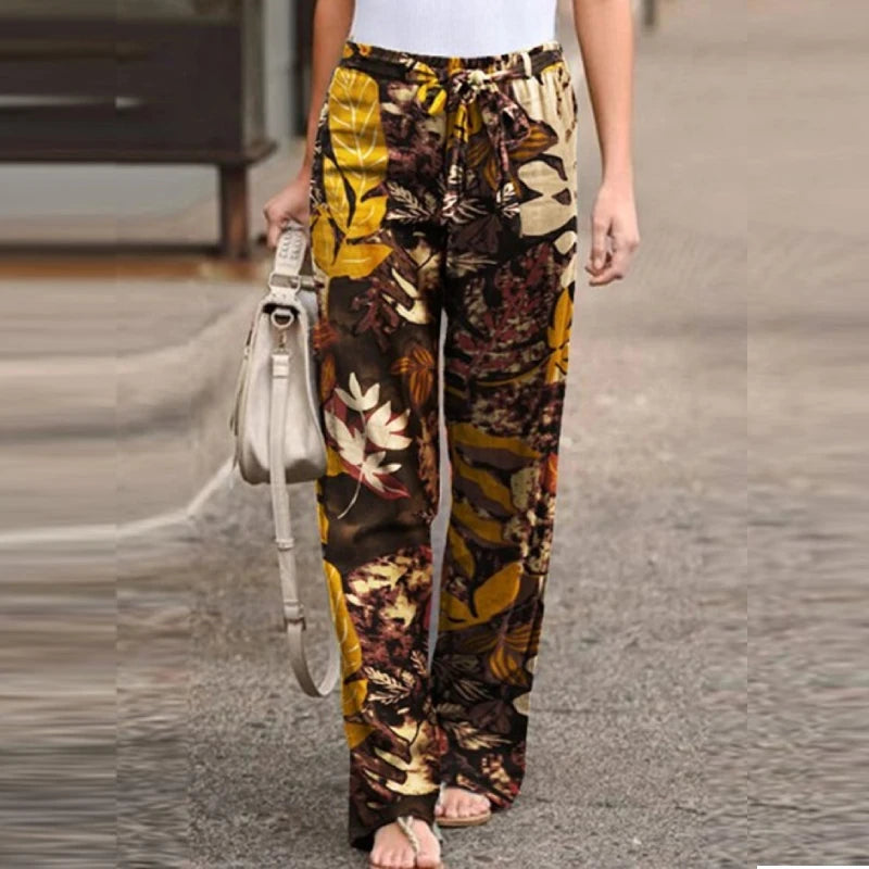 Drawstring Trousers Floral Printed Wide Leg Pants