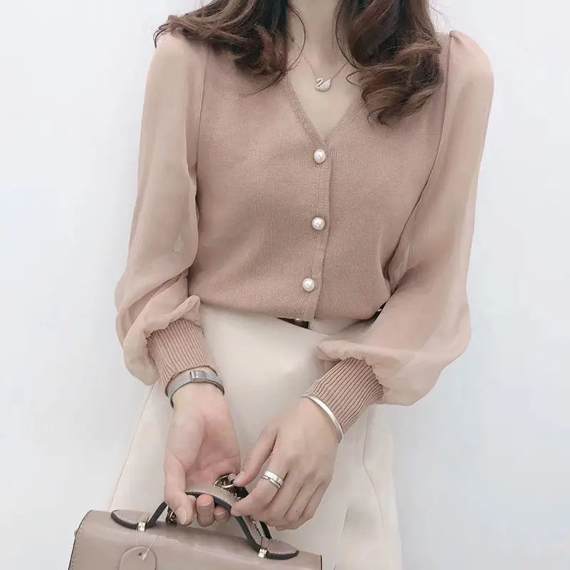 Blouses Knitted Button Long Sleeve
