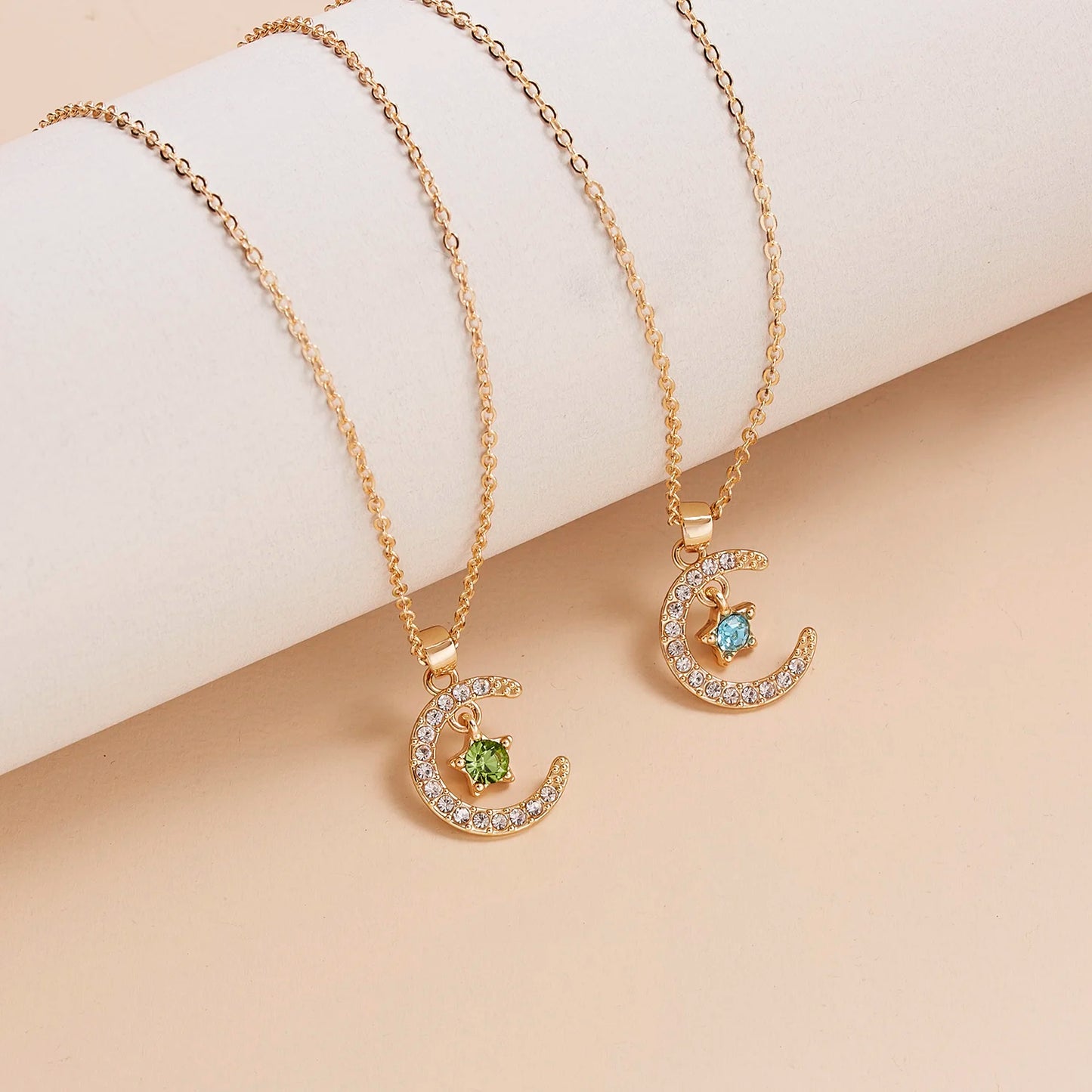 Birthstone Moon Star Crystal Pendant Necklace