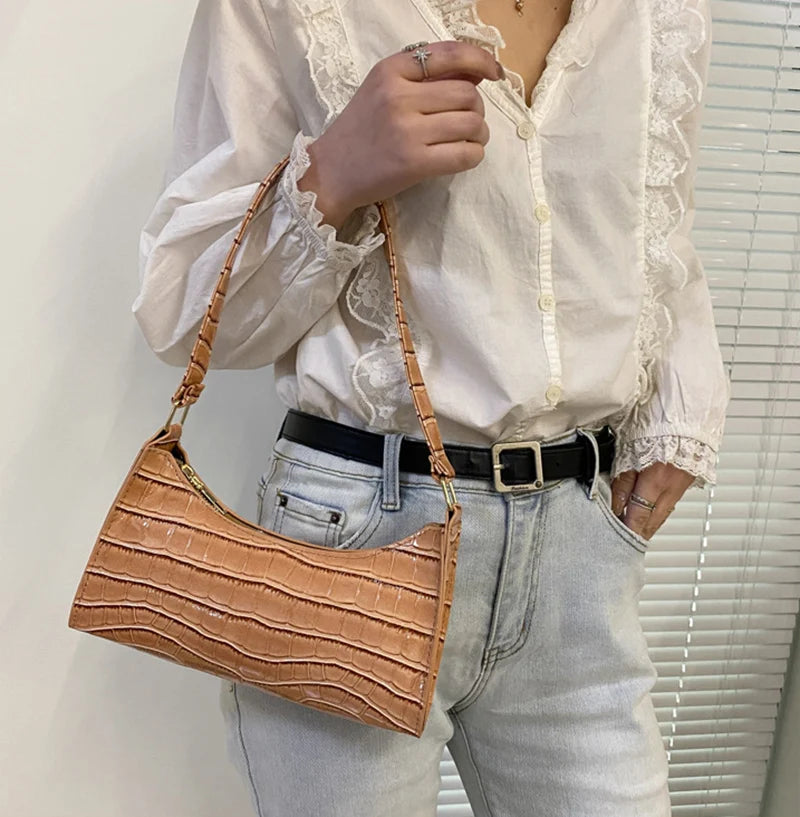Fashion Leather Alligator Pattern Armpit Handbag