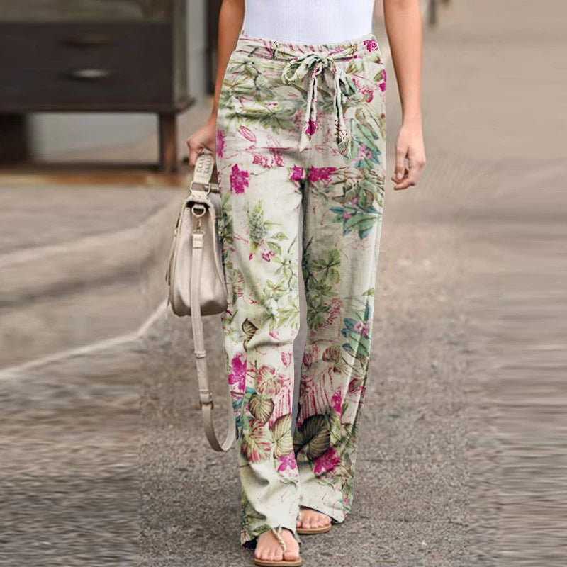 Drawstring Trousers Floral Printed Wide Leg Pants