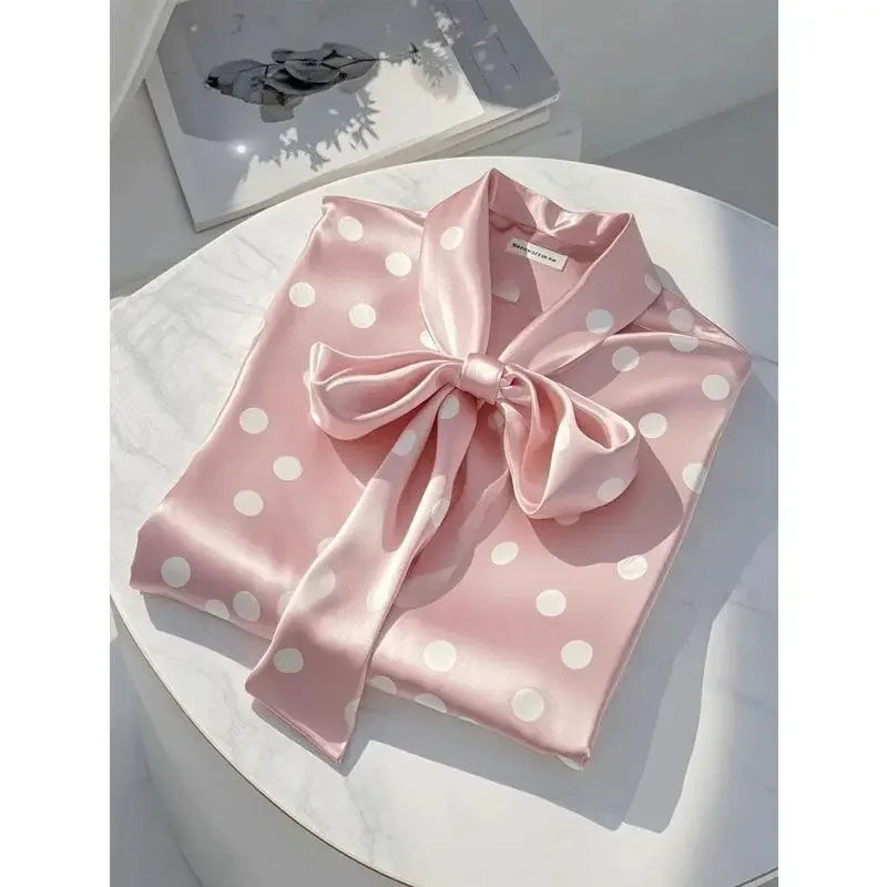 Satin Polka Dot Print Shirt Lace-up Bow
