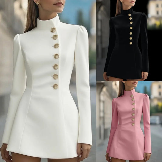 Mini Dress Long Sleeve Solid Button Elegant