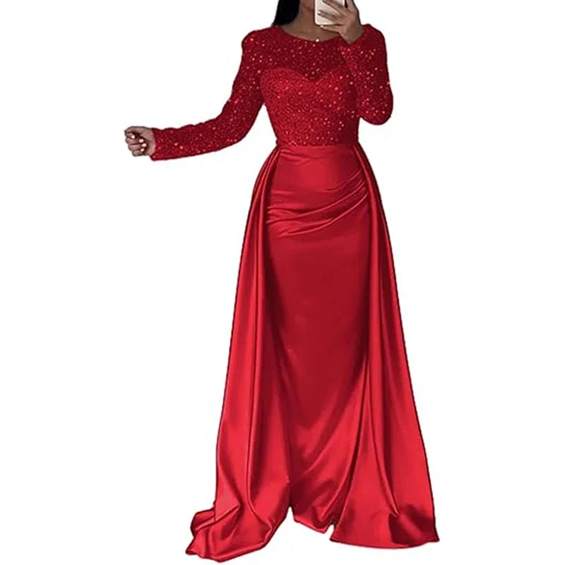 Elegant Satin Sequin Stitching  High Waist Dress