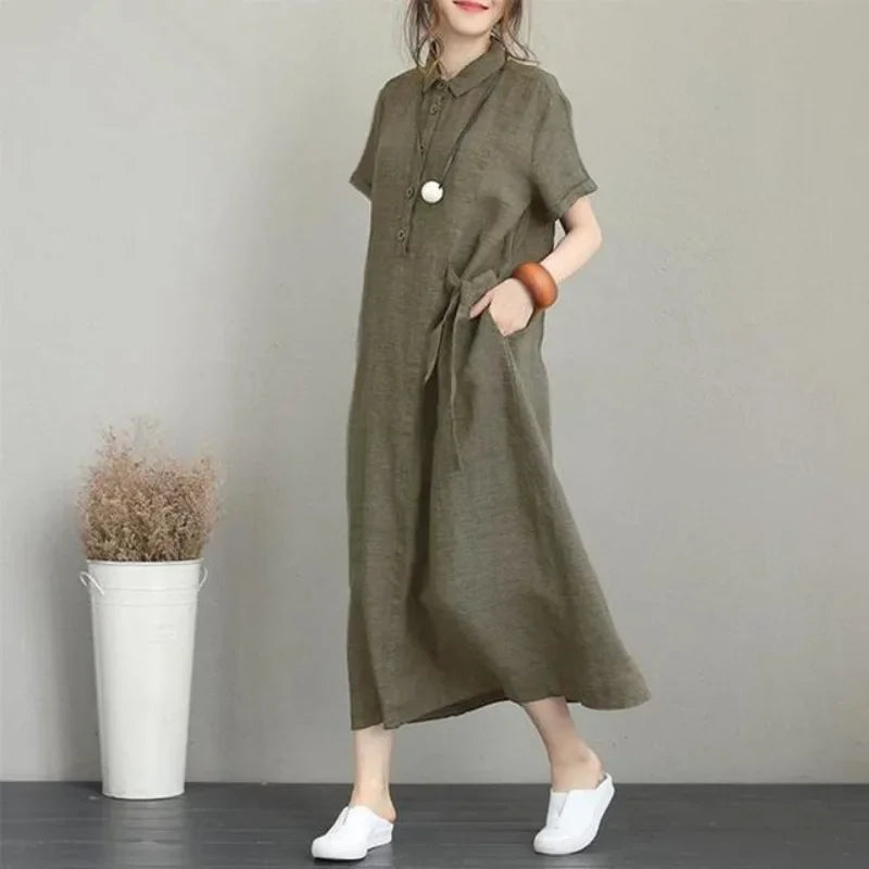 Solid Color Cotton  Linen Short Sleeve Loose Pocket