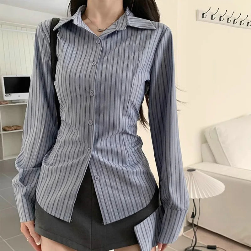Blue Striped Long Sleeve Shirt Waist Cinching
