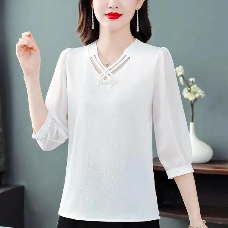 V Neck  3/4 Sleeve Pullovers Chiffon Blouse