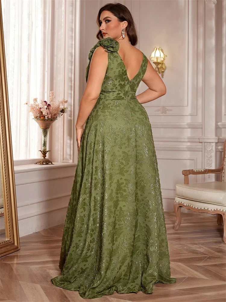 Plus Size Elegant V-Neck Floral Evening Dress