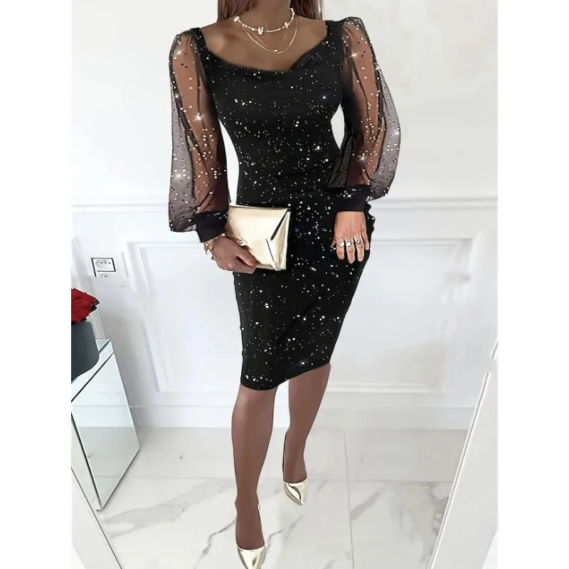 Plus Size 1XL-5XL Transparent Mesh Sleeve Dresses