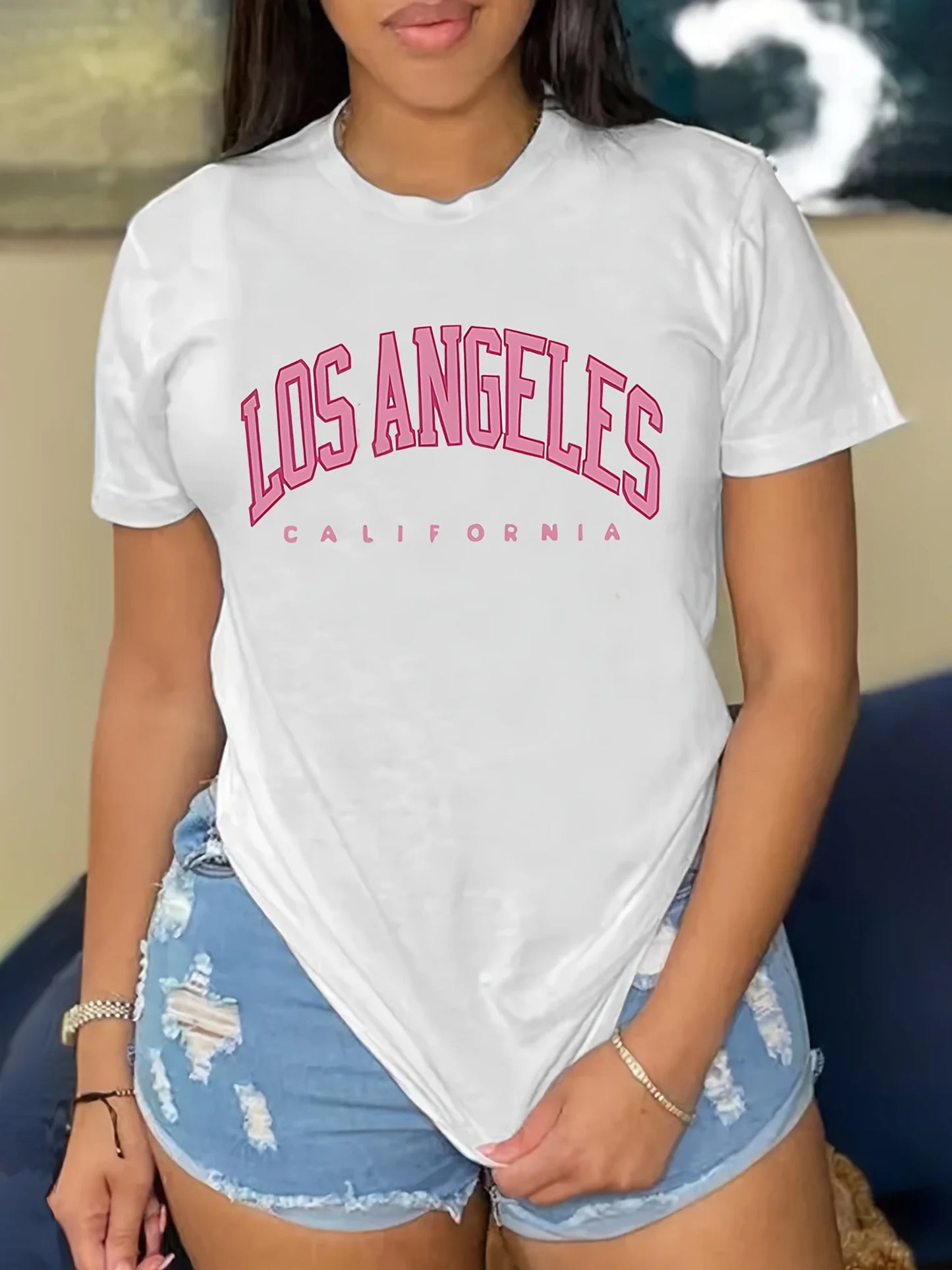 LOS ANGELES Letter Print T-Shirt - Short Sleeve