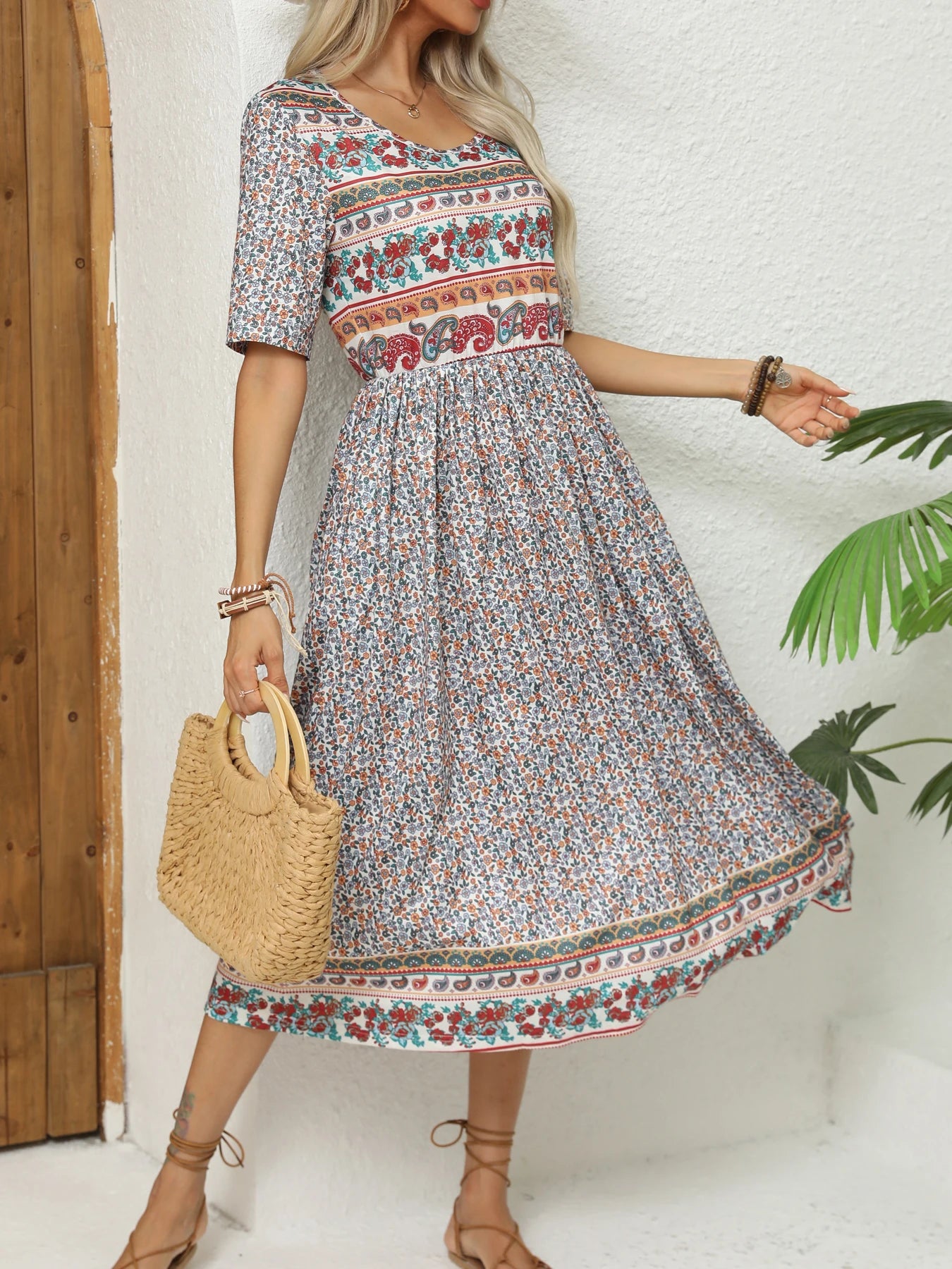 Round Neck Short Sleeve Print Dress