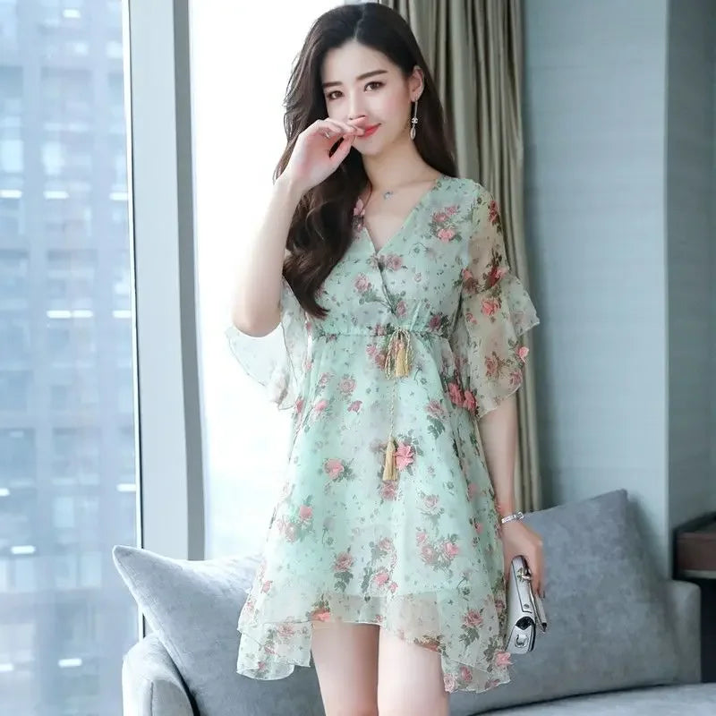 Short Sleeve Flower Floral Mini Dresses