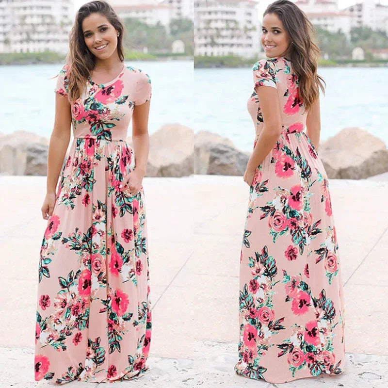 Floral Print  Short Sleeve Maxi Dress