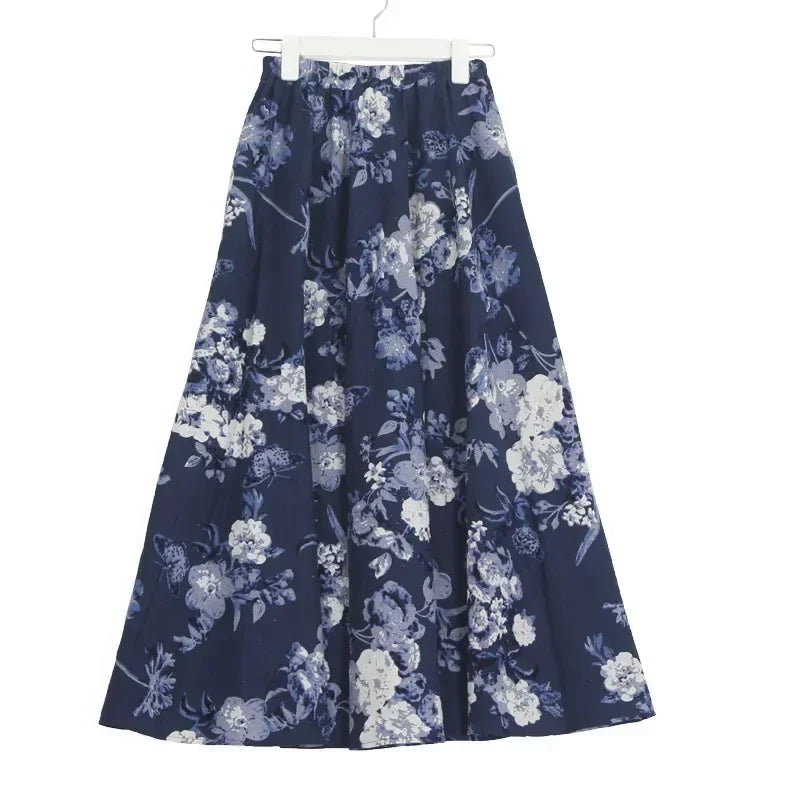 Cotton Linen Print Long Skirt Vintage