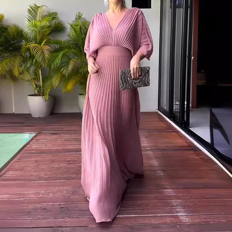 V-neck Casual 3/4 Sleeve Pleated Maxi Dress