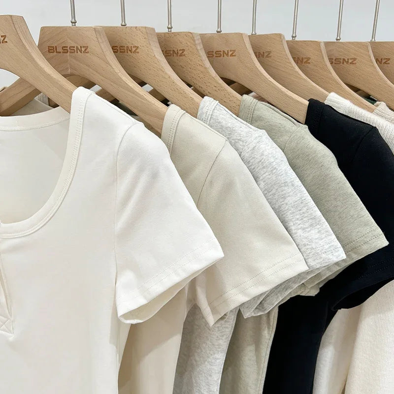 Button T-Shirt Cotton Slim  Short Sleeve Top