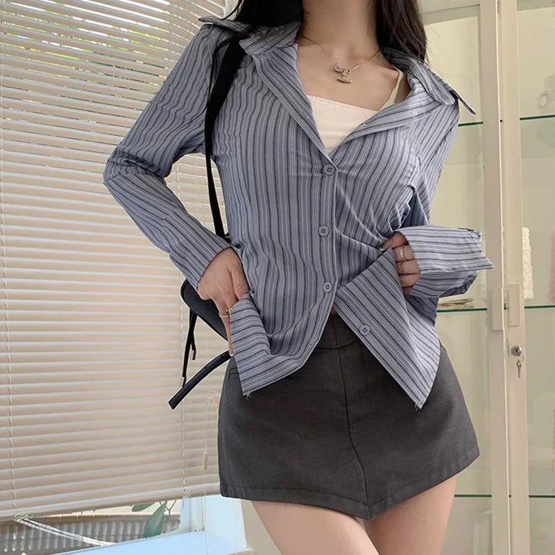 Blue Striped Long Sleeve Shirt Waist Cinching