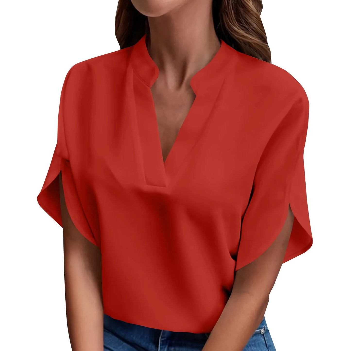 Short Sleeve Solid V Neck Loose Blouses
