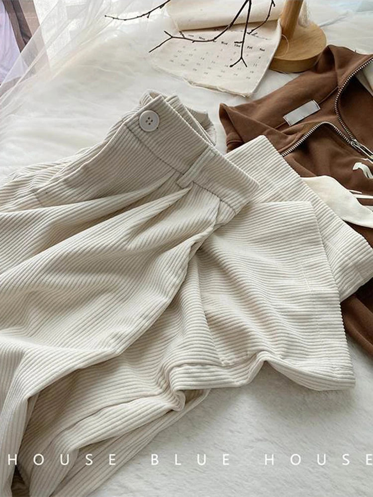 Corduroy Pants Full Length Trousers Coffee Pocket