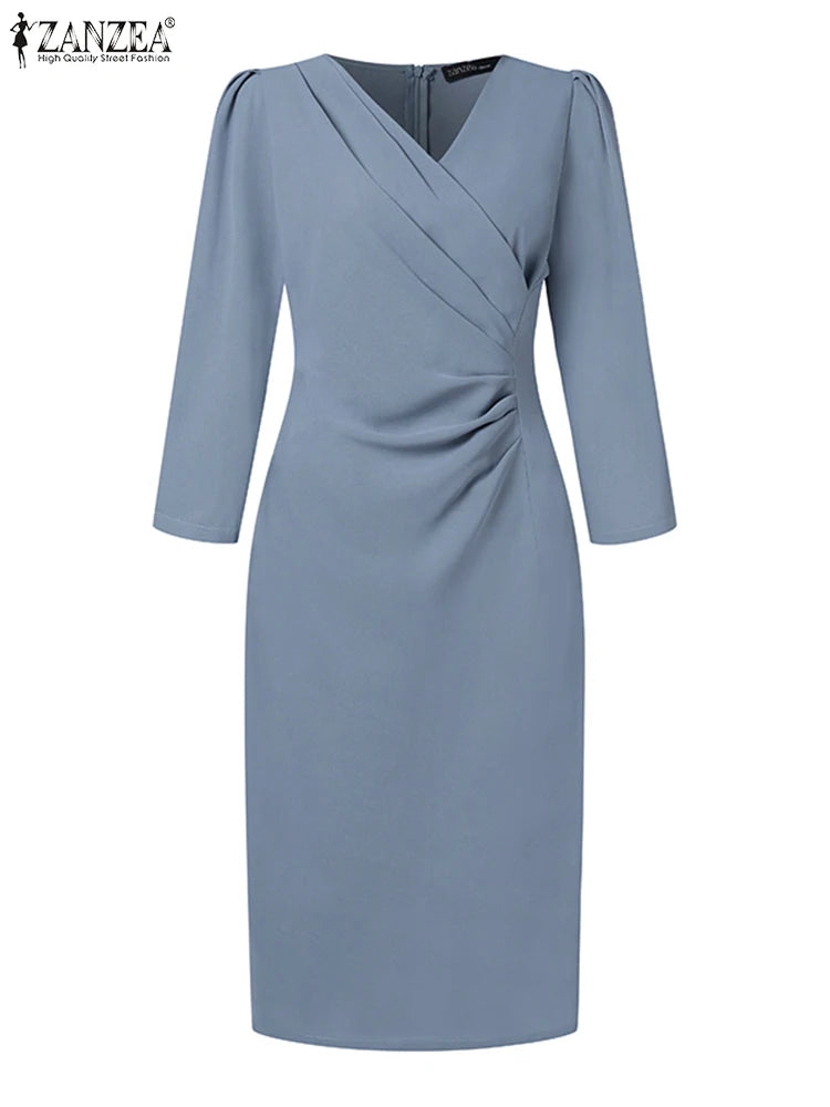 Sexy Solid Color Knee Length  3/4 Sleeve V-Neck