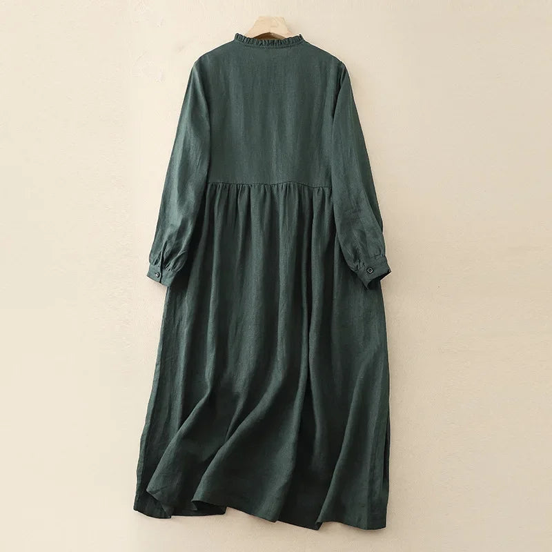 Washable Linen Cuff Sleeve Long Dress