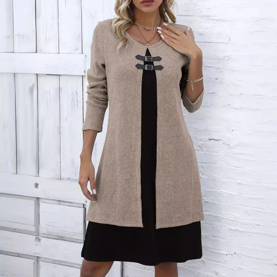 Solid Long Sleeved Round Neck Knitted  Dress