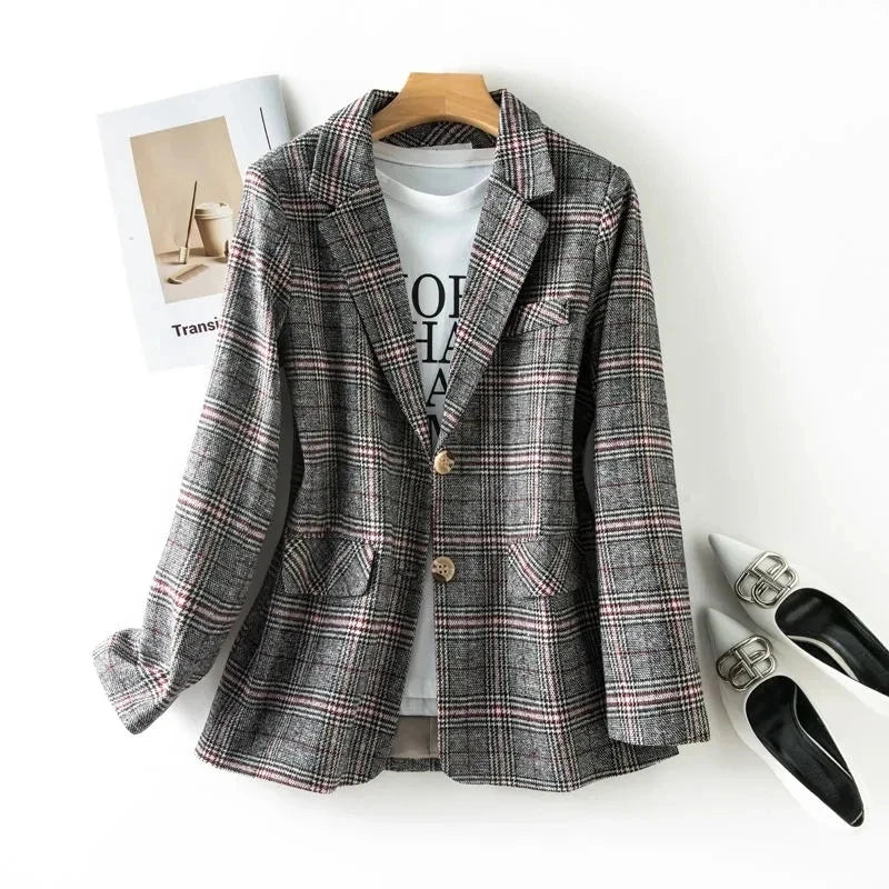 Single Breasted Plaid Long Sleeve  Blazers