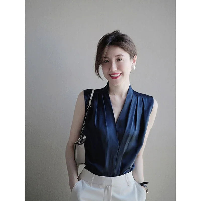 Blouses Sleeveless  V Neck Work White