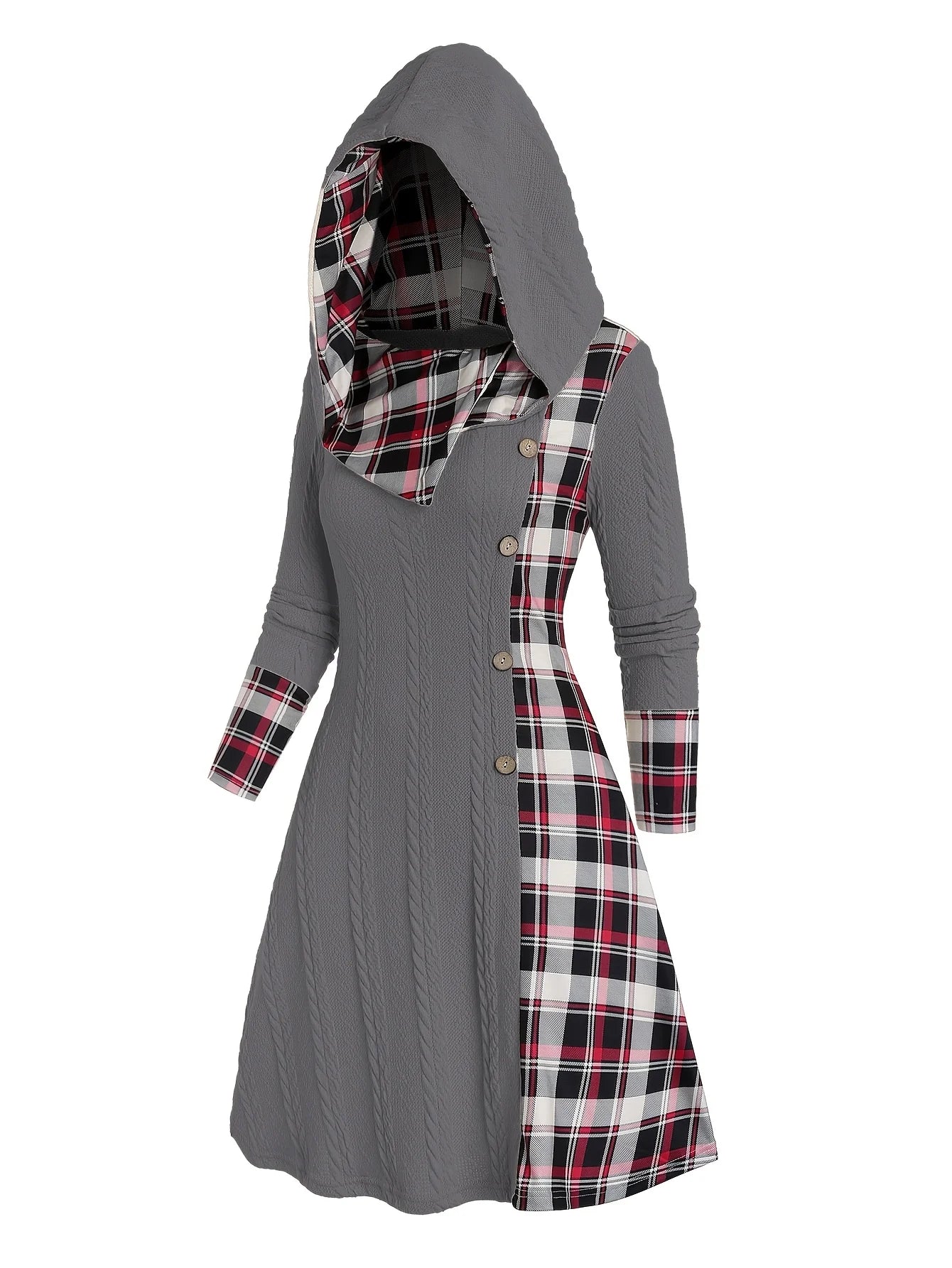 Knitted hooded plaid, fake buckle high waist