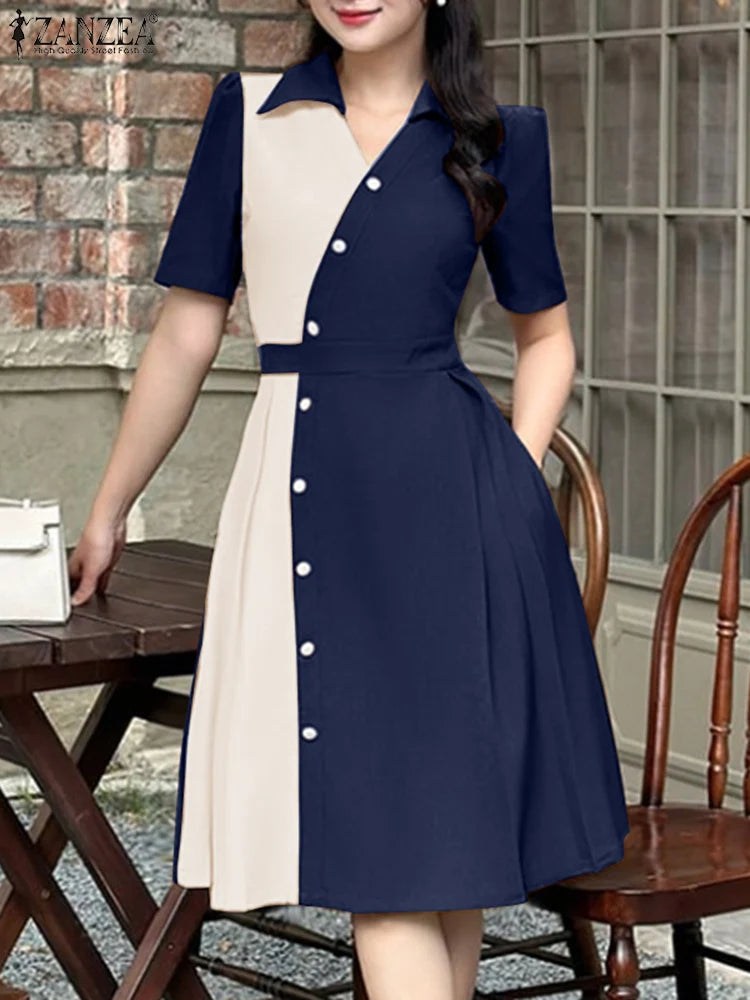 Elegant Lapel Neck Short Sleeve Pleated  Work