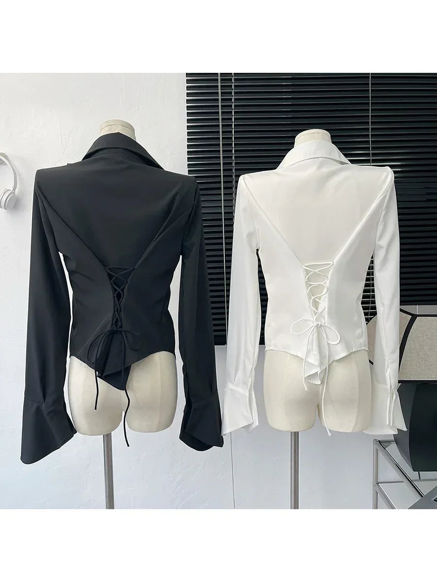 White Shirt Long Sleeve Lace Up Black Slim