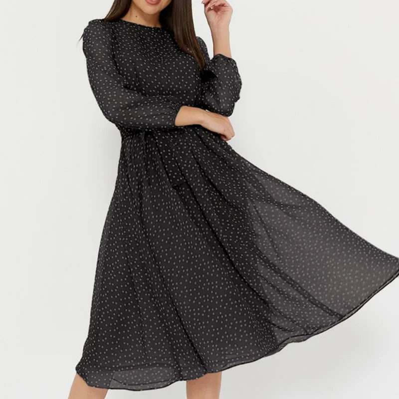 Long Sleeve O-neck Polka Dot Evening Dress
