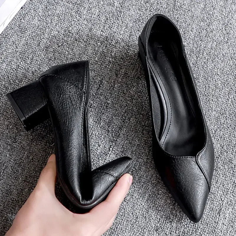 Chunky Heeled  Leather Shoes Pumps