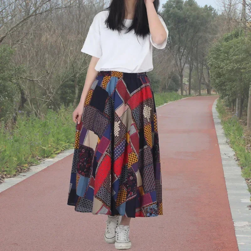 Cotton Linen Print Long Skirt Vintage