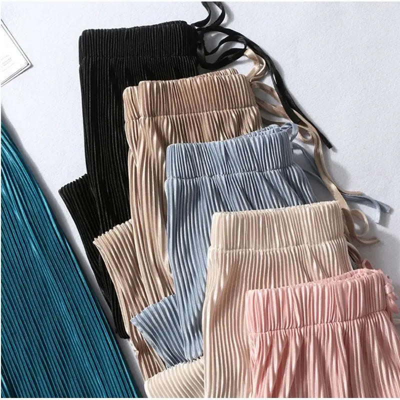 Pleated Ice Silk  Elastic Waist Casual Pants