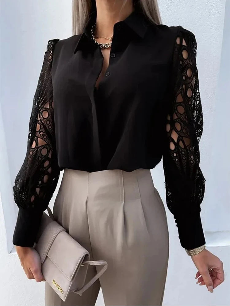 Elegant V-neck Lace Sleeve Cut-out Patchwork Office