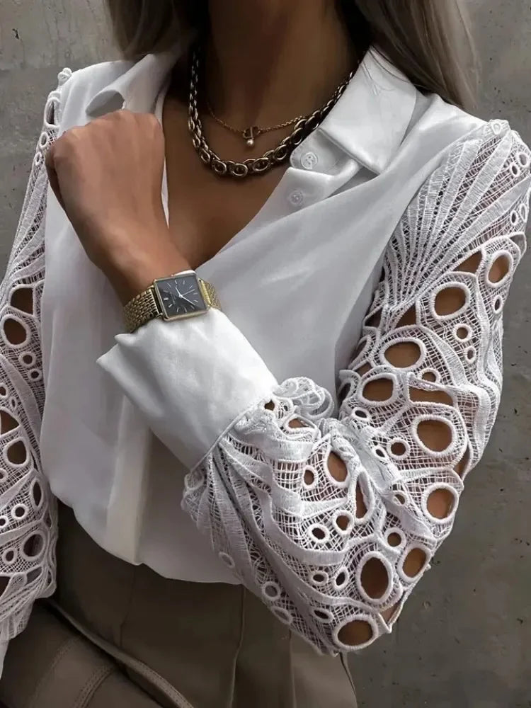 Elegant V-neck Lace Sleeve Cut-out Patchwork Office