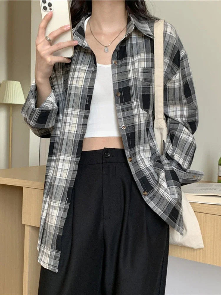 Long Sleeves Mid Length Plaid Shirt