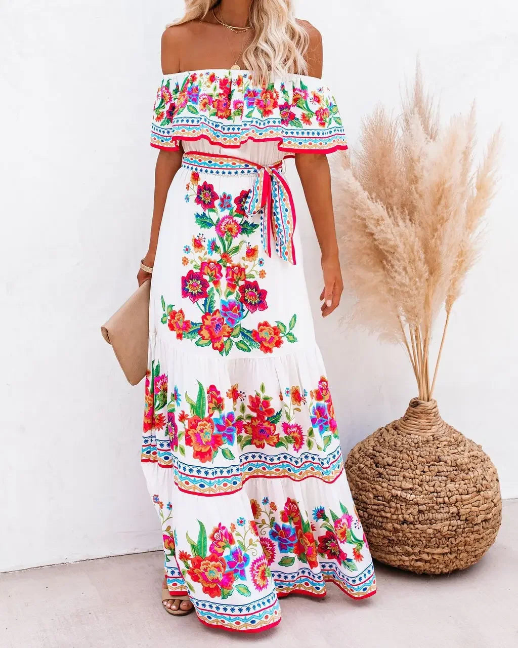 Summer Off-shoulder Red Flower Printing
