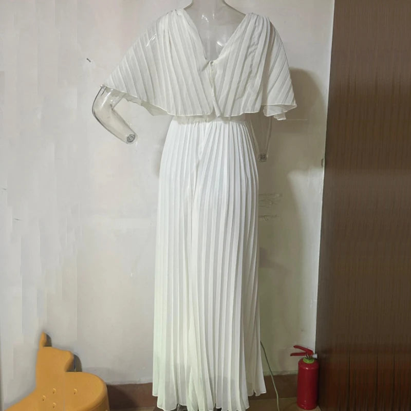 V-neck Casual 3/4 Sleeve Pleated Maxi Dress