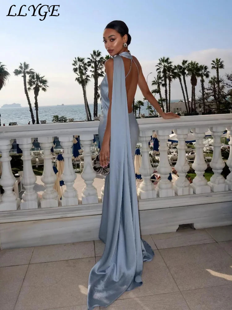 Ribbon Long Satin  Halter Backless Sleeveless Dresses