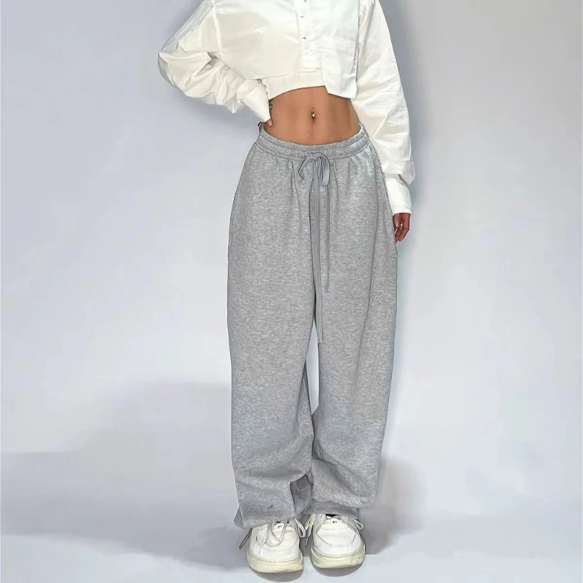 Casual Solid Sweatpants High Waist Lace- Up