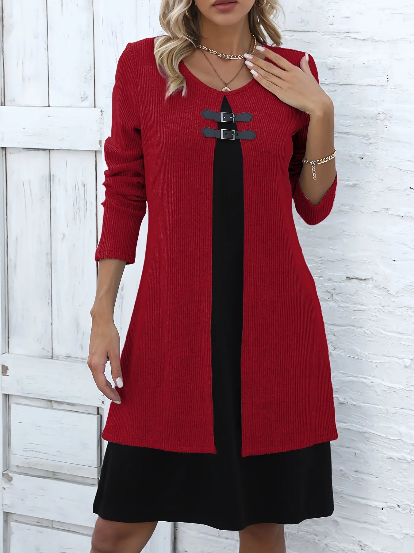 Solid Long Sleeved Round Neck Knitted  Dress