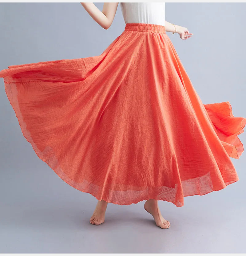 Cotton Linen Dress Elastic Waist Long Skirts