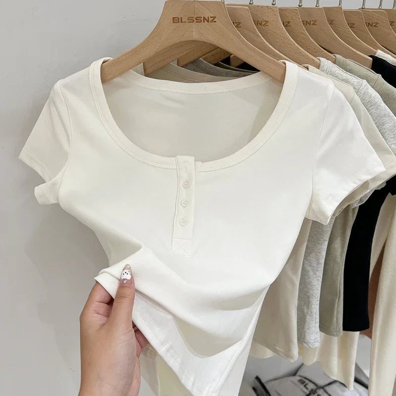 Button T-Shirt Cotton Slim  Short Sleeve Top