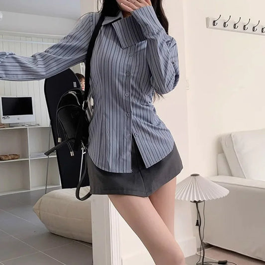Blue Striped Long Sleeve Shirt Waist Cinching