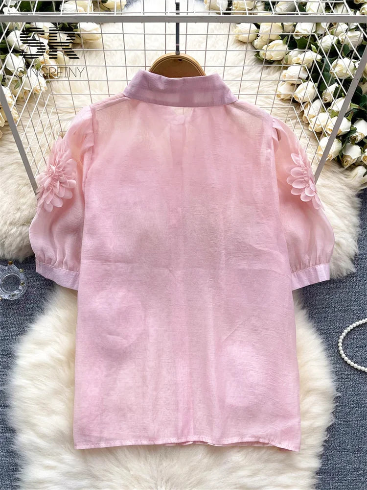 Short Sleeves Pearl Fashion  Sheer Chiffon Shirt