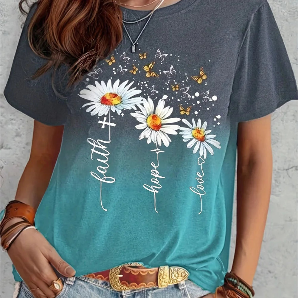 Flower Print Loose Round Neck  Short Sleeve