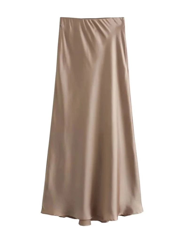 Black Satin High Waist  Midi Skirt